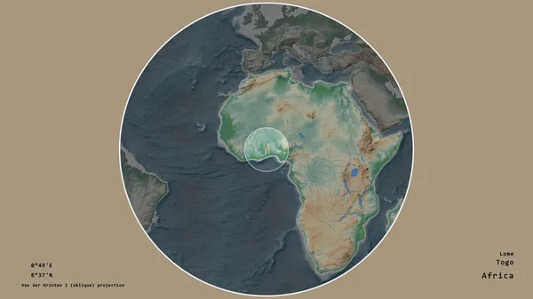 多哥地区在该大陆的大比例尺地图上有一个圆圈 在绝望的背景下孤立起来 大写的地理推论和名称 彩色物理图 — 图库照片