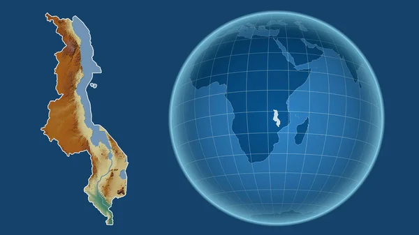 Malawi. Globe with the shape of the country against zoomed map with its outline isolated on the blue background. topographic relief map