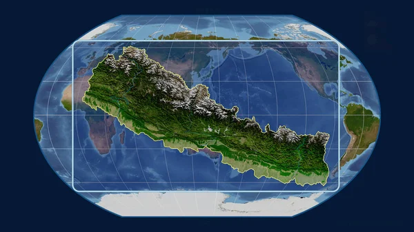 Kavrayskiy projeksiyonundaki küresel bir haritaya karşı perspektif çizgileriyle Nepal 'in ana hatlarını yakınlaştırdım. Şekil merkezli. uydu resimleri