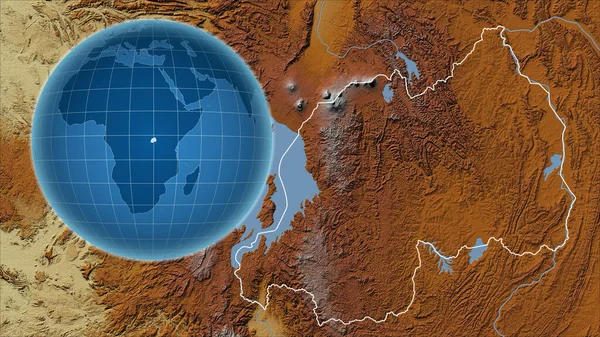 Rwanda. Globe with the shape of the country against zoomed map with its outline. topographic relief map