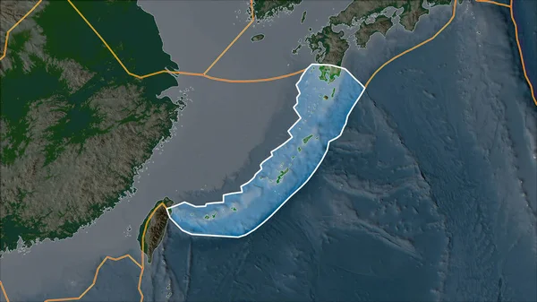 隣接する地域の砂漠化によって分離された物理的地図上の沖縄地殻プレートの概要 ヴァン グリンテンI予測 斜めの変換 — ストック写真