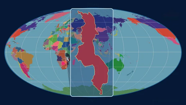 モルウェド プロジェクションの世界地図に対する遠近法線を持つマラウィのアウトラインの拡大表示 形を中心に 行政区画のカラーマップ — ストック写真