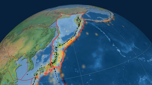 Okhotsk Tektoniska Plattan Beskrivs Jordklotet Naturlig Jordisk Topografisk Karta Rendering — Stockfoto