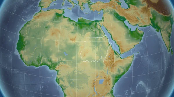 Sudán Barrio Perspectiva Distante Con Contorno Del País Mapa Físico — Foto de Stock