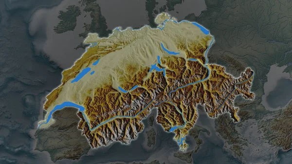 Suiza Área Ampliada Brilló Sobre Fondo Oscuro Sus Alrededores Mapa — Foto de Stock