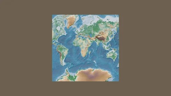 Square frame of the large-scale map of the world in an oblique Van der Grinten projection centered on the territory of Rwanda. Color physical map