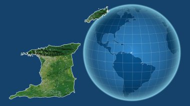 Trinidad ve Tobago. Yakınlaştırılmış haritaya karşı ülkenin şekline sahip dünya mavi arka planda izole edilmiş. uydu resimleri