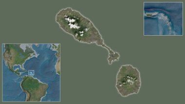 Saint Kitts ve Nevis 'e ve bölgedeki konumuna ve geniş çaplı bir dünya haritasının merkezine yakın çekim. Uydu görüntüleri