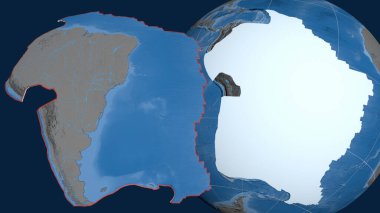 Güney Amerika tektonik plakası yayıldı ve dünyaya karşı sunuldu. topoğrafya ve batimetri renkli yükseklik haritası. 3B görüntüleme