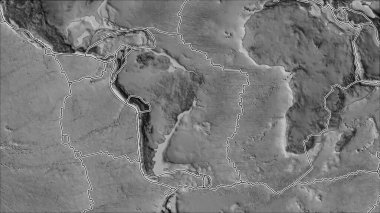 Tektonik plakalar, Güney Amerika plaka alanına komşu bölgelerin gri tonlu haritasında yer almaktadır. Van der Grinten I yansıması (eğik dönüşüm)