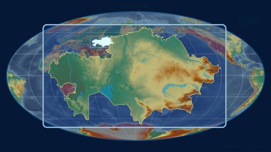 Kazakistan 'ın Mollweide projeksiyonundaki küresel haritaya karşı perspektif çizgileriyle yakınlaştırılmış görüntüsü. Şekil merkezli. topografik yardım haritası