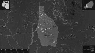 Tahoua, Nijer Bölümü. Gölleri ve nehirleri olan gri tonlu bir harita. Ülke alanına karşı bilgilendirici örtülerle sunulan şekil. 3B görüntüleme