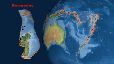 Kermadec tektonik plakası tanımlandı, çıkarıldı ve dünyaya karşı sunuldu. Doğal dünya topografik haritası. 3B görüntüleme