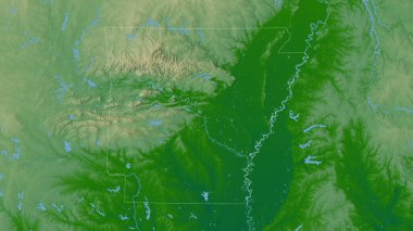 Arkansas, Birleşik Devletler Eyaleti. Gölleri ve nehirleri olan renkli gölge verileri. Ülke alanına göre şekillendirilmiş. 3B görüntüleme
