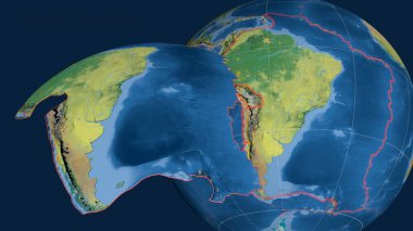 Güney Amerika tektonik plakası yayıldı ve dünyaya karşı sunuldu. topografik harita. 3B görüntüleme