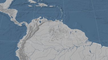 Venezuela ve mahallesi. Uzak eğimli perspektif - özet yok. Gri tonlama yükseklik haritası