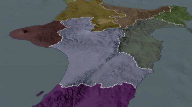 Manawatu-Wanganui - Yeni Zelanda bölgesel konseyi yakınlaştırıldı ve altı çizildi. İdari bölümün renkli ve çarpık haritası. 3B görüntüleme