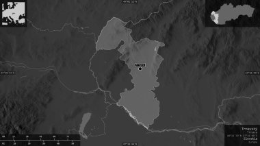 Trnavsky, Slovakya bölgesi. Gölleri ve nehirleri olan gri tonlu bir harita. Ülke alanına karşı bilgilendirici örtülerle sunulan şekil. 3B görüntüleme