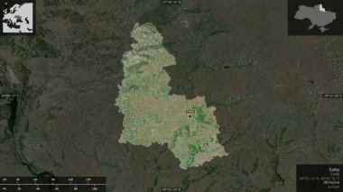 Sumy, Ukrayna bölgesi. Uydu görüntüleri. Ülke alanına karşı bilgilendirici örtülerle sunulan şekil. 3B görüntüleme
