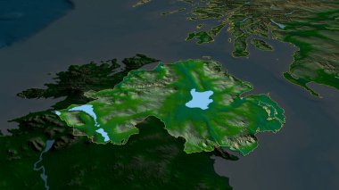 Kuzey İrlanda - Birleşik Krallık bölgesi yakınlaştırıldı ve vurgulandı. Ana fiziksel manzara özellikleri. 3B görüntüleme