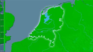 Efsanevi stereografik projeksiyonda Hollanda bölgesinin en soğuk çeyreğinin ortalama sıcaklığı - ışık saçan dış hatlı raster tabakalarının ham bileşimi