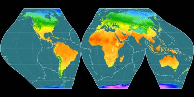 Mcbryde (Kıtalar) 'daki dünya haritası 0 Doğu boylamı üzerine kuruludur. Ortalama yıllık sıcaklık haritası - gratikül ve tektonik levhalar kenarlı raster bileşimi. 3B illüstrasyon