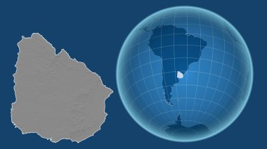 Uruguay. Yakınlaştırılmış haritaya karşı ülkenin şekline sahip dünya mavi arka planda izole edilmiş. Gri tonlama yükseklik haritası