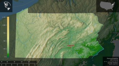 Pennsylvania, Birleşik Devletler Eyaleti. Gölleri ve nehirleri olan renkli gölge verileri. Ülke alanına karşı bilgilendirici örtülerle sunulan şekil. 3B görüntüleme