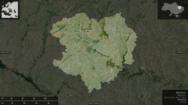 Kharkiv, Ukrayna bölgesi. Uydu görüntüleri. Ülke alanına karşı bilgilendirici örtülerle sunulan şekil. 3B görüntüleme