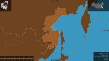 Khabarovsk, Rusya toprakları. Gölleri ve nehirleri olan katı yapılar. Ülke alanına karşı bilgilendirici örtülerle sunulan şekil. 3B görüntüleme