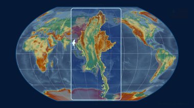 Kavrayskiy projeksiyonundaki küresel bir haritaya karşı Myanmar 'ın perspektif çizgileri ile yakınlaştırılmış görünümü. Şekil merkezli. topografik yardım haritası