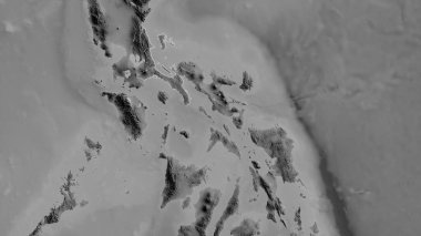 Quezon, Filipinler ili. Gölleri ve nehirleri olan gri tonlu bir harita. Ülke alanına göre şekillendirilmiş. 3B görüntüleme