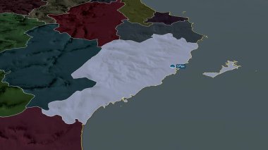 Sfax - Tunus Valiliği sermaye ile yakınlaştırıldı ve vurgulandı. İdari bölümün renkli ve çarpık haritası. 3B görüntüleme