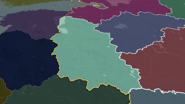 Pskov - Rusya bölgesi yakınlaştırıldı ve altı çizildi. İdari bölümün renkli ve çarpık haritası. 3B görüntüleme