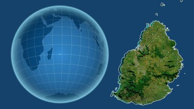 Mauritius. Yakınlaştırılmış haritaya karşı ülkenin şekline sahip dünya mavi arka planda izole edilmiş. uydu resimleri