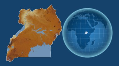 Uganda. Yakınlaştırılmış haritaya karşı ülkenin şekline sahip dünya mavi arka planda izole edilmiş. topografik yardım haritası