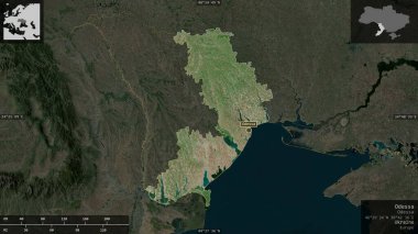 Odessa, Ukrayna bölgesi. Uydu görüntüleri. Ülke alanına karşı bilgilendirici örtülerle sunulan şekil. 3B görüntüleme