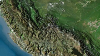 Cusco, Peru bölgesi. Uydu görüntüleri. Ülke alanına göre şekillendirilmiş. 3B görüntüleme