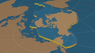 Kuzey Amerika tektonik plakası genişletildi, genişletildi ve sadece küresel şekillerin batı tarafına doğru döndürüldü - Azimuthal Equidistance projeksiyonunda karadan / okyanus maskesi ve kesik levhalar sınırları. 3B görüntüleme