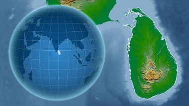 Sri Lanka. Zoom haritasına karşı ülkenin şekline sahip bir dünya. renk fiziksel haritası
