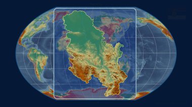 Sırbistan 'ın Kavrayskiy projeksiyonundaki küresel haritaya karşı perspektif çizgileriyle yakınlaştırılmış görünümü. Şekil merkezli. topografik yardım haritası