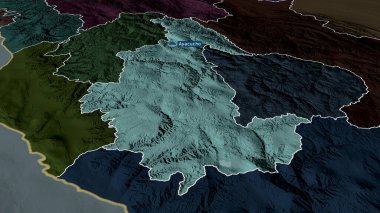Ayacucho - Peru bölgesi yakınlaştırıldı ve sermaye ile vurgulandı. İdari bölümün renkli ve çarpık haritası. 3B görüntüleme