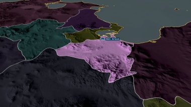 Tunus valisi Ben Arous sermaye ile yakınlaştırıldı ve ön plana çıkarıldı. İdari bölümün renkli ve çarpık haritası. 3B görüntüleme