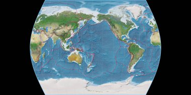 Times Atlas projeksiyonundaki dünya haritası 170 Batı boylamına odaklı. Uydu görüntüsü A, raster 'ın gratikül ve tektonik plakalarla birleşimi. 3B illüstrasyon