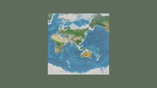 世界大比例尺地图的正方形框架 呈倾斜的范德格林登投影 以老挝领土为中心 卫星图像 — 图库照片