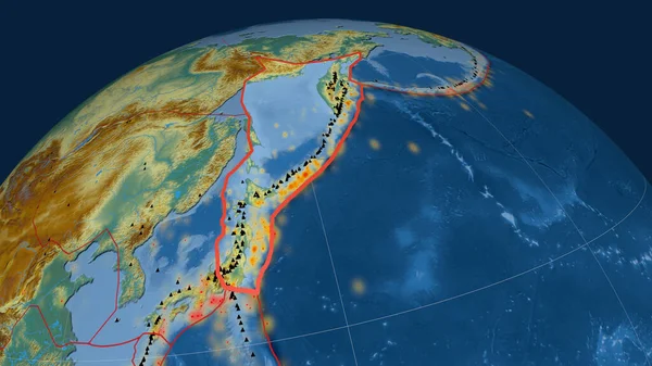 Okhotsk Tektonische Platte Auf Dem Globus Umrissen Topographische Reliefkarte Rendering — Stockfoto