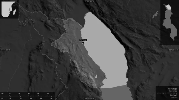 Karonga Okres Malawi Šedá Mapa Jezery Řekami Tvar Prezentovaný Venkově — Stock fotografie