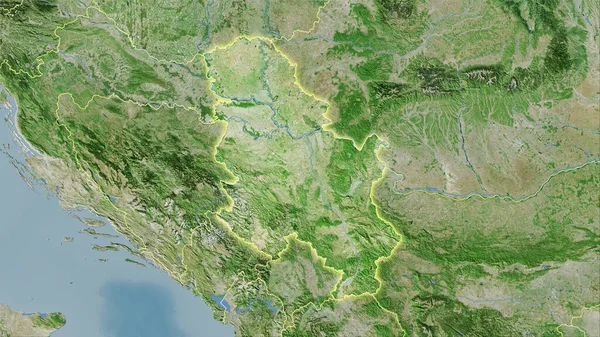 Serbia area on the satellite D map in the stereographic projection - raw composition of raster layers with light glowing outline