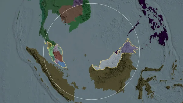 Malesia Zoomato Cerchiato Mappa Colorata Urtata Della Divisione Amministrativa Rendering — Foto Stock