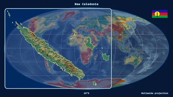 Увеличенный Вид Новой Каледонии Перспективными Линиями Против Глобальной Карты Проекции — стоковое фото